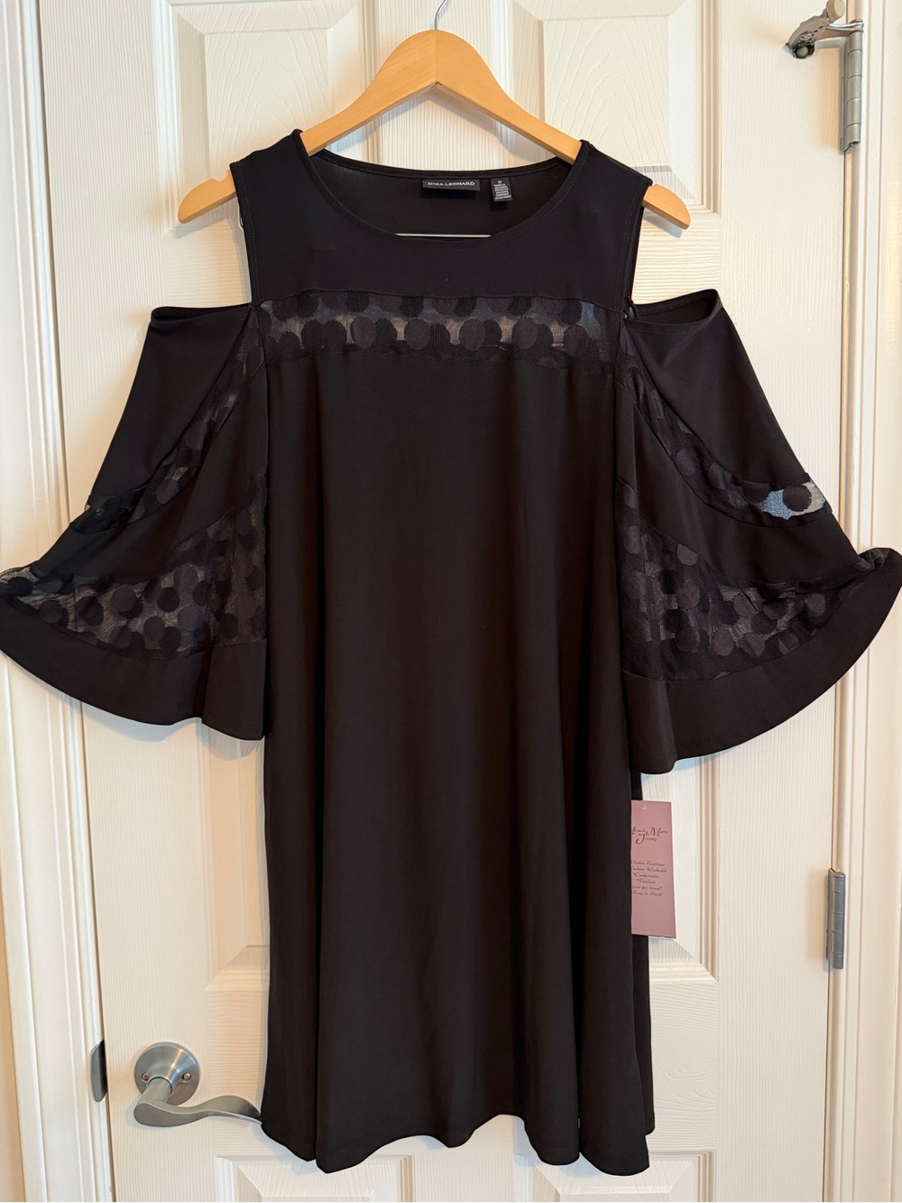 Nina Leonard Cold-Shoulder Black Dress with Sheer Dot Panels Size M